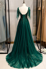 Prom Dresses 2023, Green V-Neck Lace Long Prom Dress, A-Line Spaghetti Straps Evening Dress