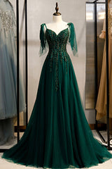 Prom Dresses Vintage, Green V-Neck Lace Long Prom Dress, A-Line Spaghetti Straps Evening Dress