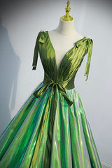 Satin Prom Dress, Green V-Neck Long A-Line Prom Dress, Simple Green Evening Party Dress