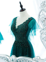 Autumn Wedding, Green V Neck Sequin Beads Long Prom Dress, Green Formal Bridesmaid Dresses