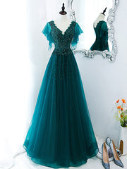 Short Prom Dress, Green V Neck Sequin Beads Long Prom Dress, Green Formal Bridesmaid Dresses