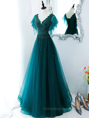 Party Dresses Outfits Ideas, Green v neck tulle beads long prom dress, green tulle formal dress