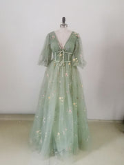 Corset Dress, Green V Neck Tulle Lace Long Prom Dress, A Line Tulle Long Bridesmaid Dress