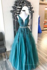 Bridesmaid Dresses Styles Long, Green v neck tulle lace long prom dress, green formal dress