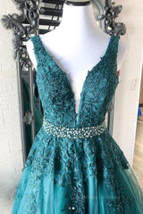 Bridesmaids Dress Styles Long, Green v neck tulle lace long prom dress, green formal dress