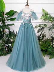Formal Dresses Outfits, Green V Neck Tulle Lace Long Prom Dress Lace Evening Dress