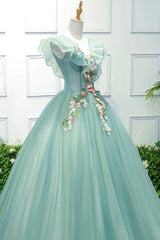 Homecoming Dresses Aesthetic, Green V-Neck Tulle Long A-Line Prom Dress, A-Line Evening Formal Gown