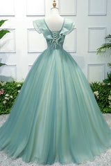 Homecoming Dress Shop, Green V-Neck Tulle Long A-Line Prom Dress, A-Line Evening Formal Gown