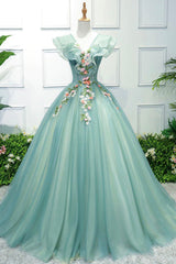 Homecoming Dresses Classy Elegant, Green V-Neck Tulle Long A-Line Prom Dress, A-Line Evening Formal Gown