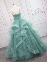 Prom Dress For Short Girl, Green V Neck Tulle Long Prom Dress, Green Sweet 16 Dress