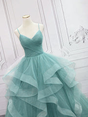 Prom Dresses For Short Girl, Green V Neck Tulle Long Prom Dress, Green Sweet 16 Dress