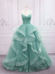 Prom Dresses For Short Girls, Green V Neck Tulle Long Prom Dress, Green Sweet 16 Dress