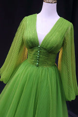 Party Dresses Summer Dresses 2024, Green V-Neck Tulle Long Prom Dress, Long Sleeve Green Formal Evening Dress