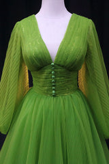 Party Dress Sleeves, Green V-Neck Tulle Long Prom Dress, Long Sleeve Green Formal Evening Dress
