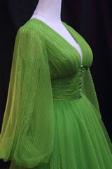 Party Dresses Sleeves, Green V-Neck Tulle Long Prom Dress, Long Sleeve Green Formal Evening Dress