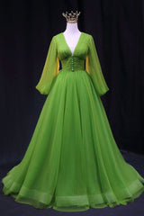Party Dress For Cocktail, Green V-Neck Tulle Long Prom Dress, Long Sleeve Green Formal Evening Dress