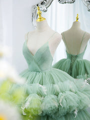 Bridesmaid Dresses Color Palettes, Green V Neck Tulle Long Prom Dresses,  Ball Gown Green Sweet 16 Dresses