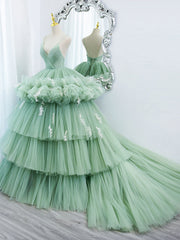 Bridesmaid Dress Color Palette, Green V Neck Tulle Long Prom Dresses,  Ball Gown Green Sweet 16 Dresses