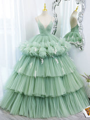 Bridesmaid Dress Color Palettes, Green V Neck Tulle Long Prom Dresses,  Ball Gown Green Sweet 16 Dresses