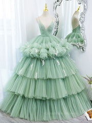 Slip Dress Outfit, Green v neck tulle long prom gown, green tulle sweet 16 dress