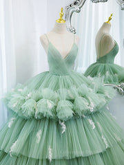 Aesthetic Dress, Green v neck tulle long prom gown, green tulle sweet 16 dress