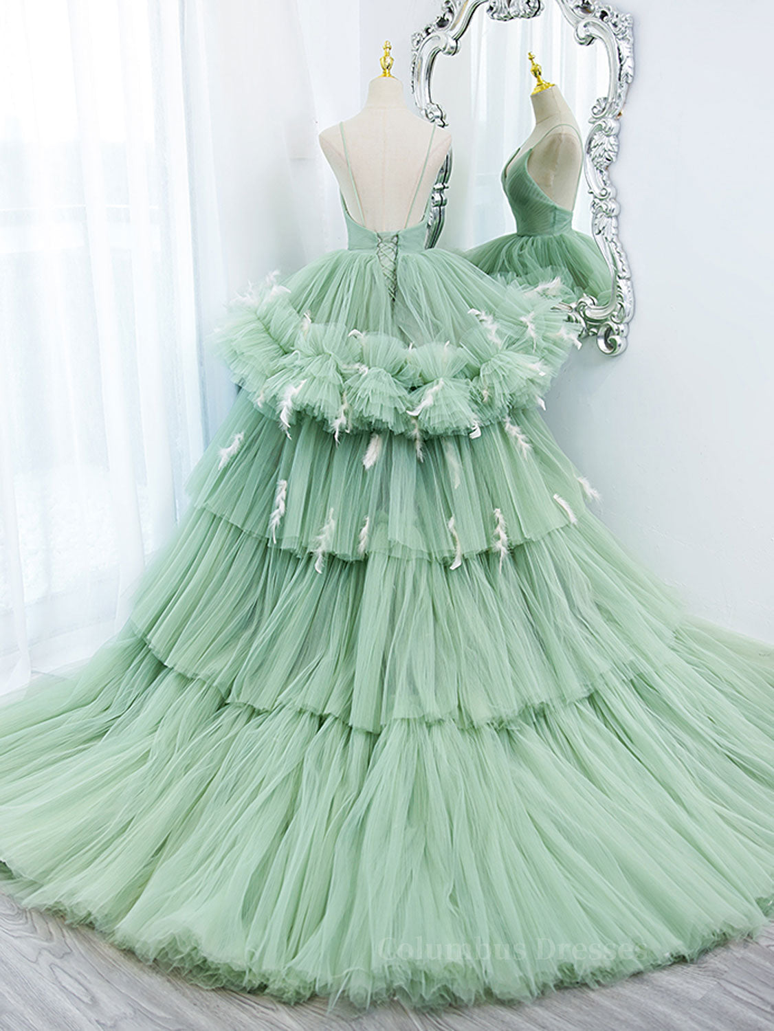 Girlie Dress, Green v neck tulle long prom gown, green tulle sweet 16 dress