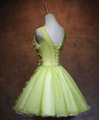 Party Dress Midi With Sleeves, Green V Neck Tulle Short Prom Dress, Green Homecoming Dress