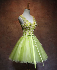 Strapless Prom Dress, Green V Neck Tulle Short Prom Dress, Green Homecoming Dress