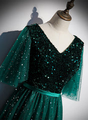 Wedding Dress Deals, Green V-neckline Shiny Tulle Long Wedding Party Dresses, Green Formal Dresses