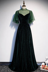 Prom Dress Designers, Green Velvet Long A-Line Prom Dress, Green Formal Evening Dress