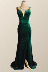 Tulle Dress, Green Velvet Mermaid Long Formal Dress with Slit