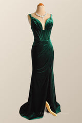 Prom Dress Aesthetic, Green Velvet Mermaid Long Formal Dress with Slit