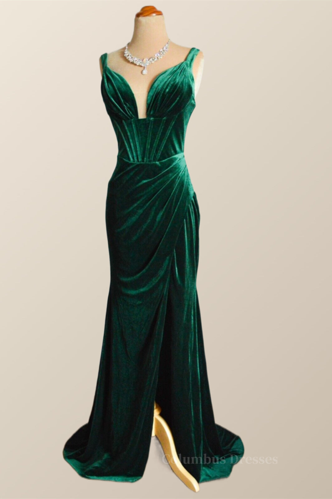 Winter Formal Dress Short, Green Velvet Mermaid Long Formal Dress with Slit