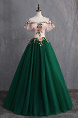 Formal Dresses Ballgown, Green Off the Shoulder Floor Length Prom Dress with Appliques, Puffy Quinceanera Dress