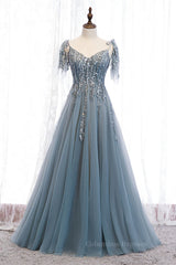 Prom Dress Shopping, Grey A-line Beaded Appliques Bow Tie Sheer Straps Maxi Formal Dress