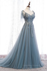 Prom Dress Shop, Grey A-line Beaded Appliques Bow Tie Sheer Straps Maxi Formal Dress