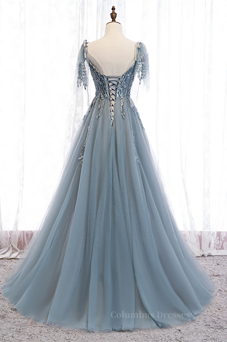 Prom Dress Prom Dress, Grey A-line Beaded Appliques Bow Tie Sheer Straps Maxi Formal Dress