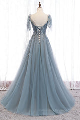 Prom Dress Prom Dress, Grey A-line Beaded Appliques Bow Tie Sheer Straps Maxi Formal Dress