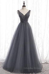 Prom Dress Patterns, Grey A-line Beaded Top V Neck Tulle Maxi Formal Dress