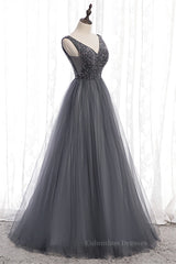 Prom Dresses With Slits, Grey A-line Beaded Top V Neck Tulle Maxi Formal Dress
