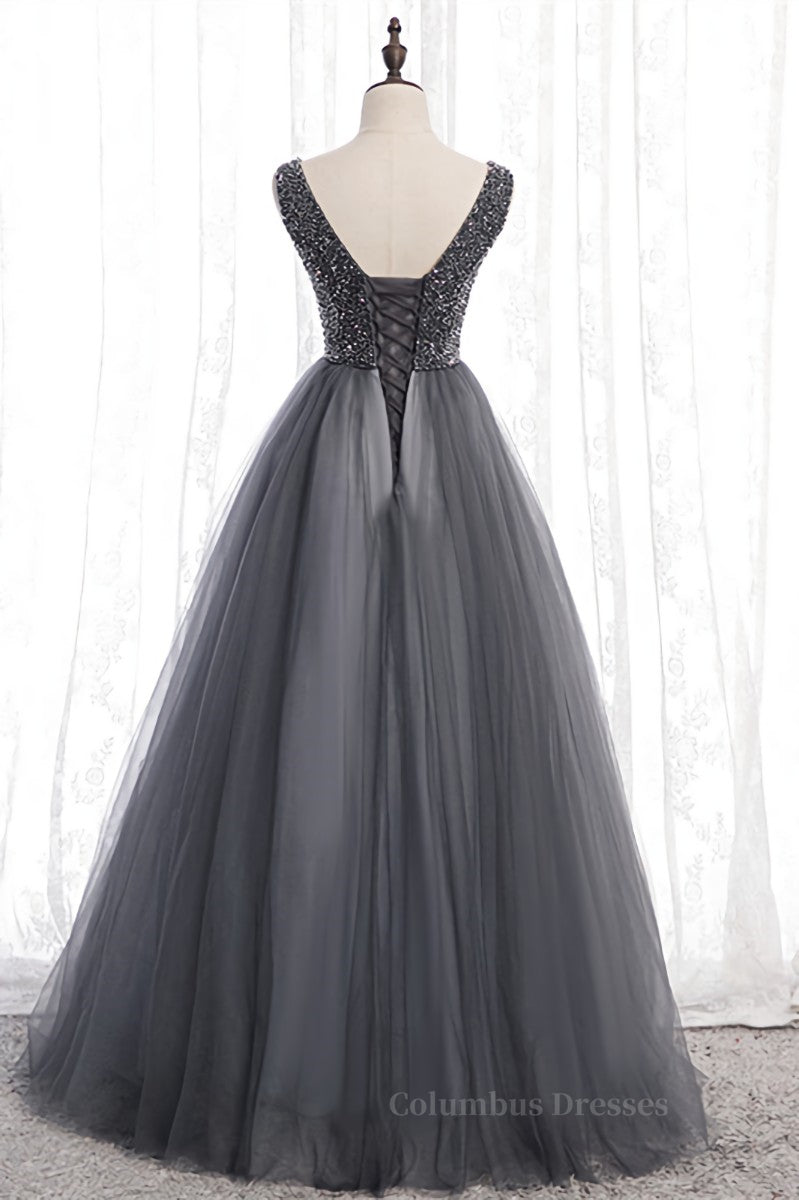 Prom Dress Long Ball Gown, Grey A-line Beaded Top V Neck Tulle Maxi Formal Dress