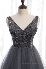 Prom Dresses Long Ball Gown, Grey A-line Beaded Top V Neck Tulle Maxi Formal Dress