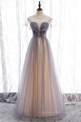 Prom Dress2053, Grey A-line Jewel Beaded Ruffle Lace-Up Maxi Formal Dress