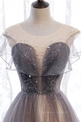 Prom Dresse 2053, Grey A-line Jewel Beaded Ruffle Lace-Up Maxi Formal Dress