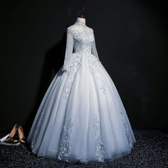 Party Dress Look, Grey A-line Long Sleeves with Lace Party Gown, Sweet 16 Dress