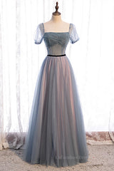 Homecoming Dress Modest, Grey A-line Pleated Beaded Illusion Sleeves Textured Tulle Maxi Formal Dress
