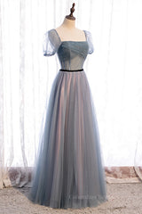 Homecoming Dresses Chiffon, Grey A-line Pleated Beaded Illusion Sleeves Textured Tulle Maxi Formal Dress