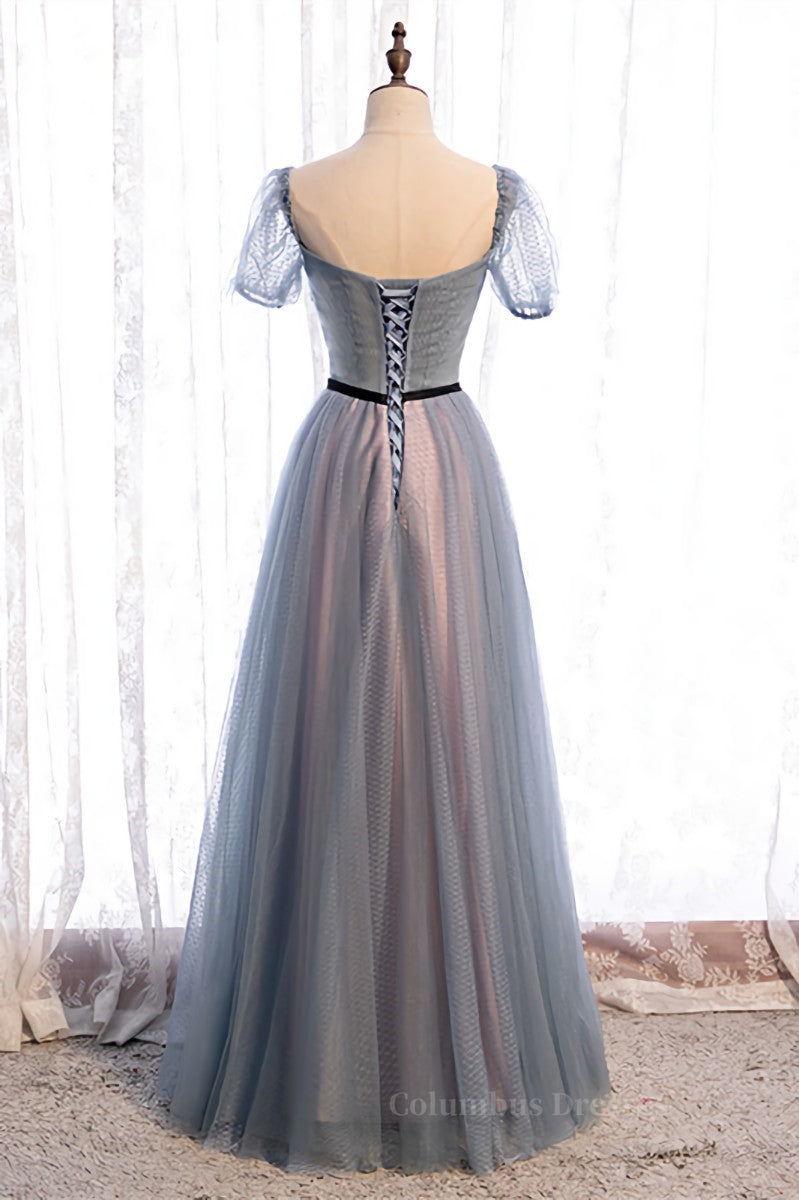 Homecoming Dress Chiffon, Grey A-line Pleated Beaded Illusion Sleeves Textured Tulle Maxi Formal Dress
