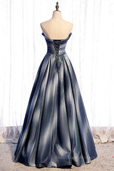 Engagement Dress, Grey A-line Strapless Pleated Lace-Up Back Taffeta Maxi Formal Dress