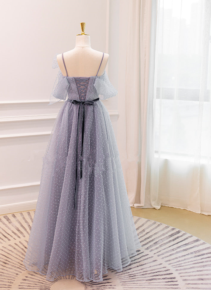 Party Dresses 2021, Grey A-line Straps Tulle Floor Length Party Dress, Grey Evening Dress Graduation Dress